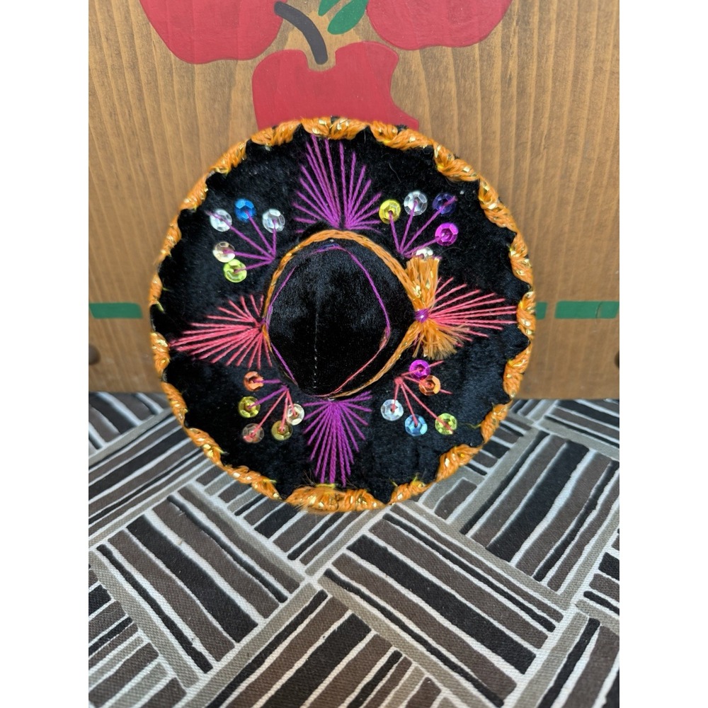 Sombrero Mariachi Hat Black Velvet With Sequins Made In Mexico 6"x 5" Small